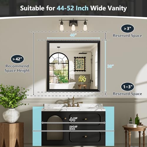 40x38 Inch Black Bathroom Mirror for Wall, Beveled Framed Rectangle Bathroom Vanity Mirrors for Over Sink, Bedroom, Living Room, Entryway, Anti-Rust, HD Tempered Glass, Horizontally/Vertically - size: 40"L x 38"W