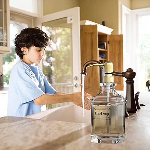 GLADPURE Soap Dispenser - 2 Pack, 18 Oz Antique Design Thick Glass Hand Soap Dispensers; with 304 Rust Proof Stainless Steel Pump, 6Pcs Clear Stickers, for Kitchen, Bathroom - Gold - color: Gold
