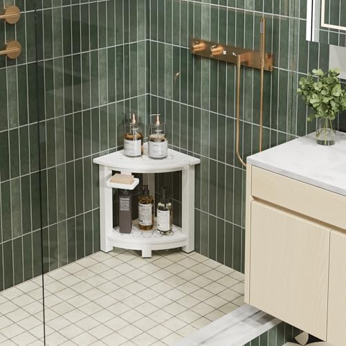 NALONE Corner Shower Stool, HDPE Shower Bench for Inside Shower, Small Shower Chair Seat for Shaving Legs with Storage Shelf, Soap Box and No-Slip Feet (White) | Small Shower Chair Seat for Shaving Legs, with Storage Shelf, Soap Box and No-Slip Feet, All