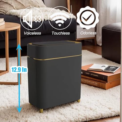 Automatic Bathroom Trash Can with Touchless Lid - Motion Sensor Trash Can | Bathroom, Bedroom, Kitchen, Laundry room, Small Spaces - Slim Smart Trash Bin - Black with Gold Edge, 1Pack - color: Black Gold, size: 1 Pack