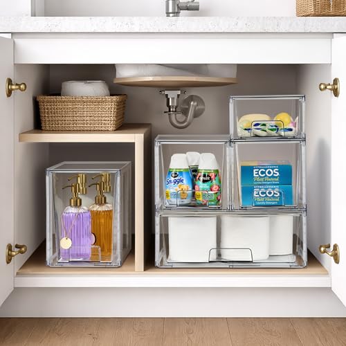 Sorbus Stackable Clear Storage Drawers, 4 Pack (2 Medium + 2 Small) Pull-Out Organizer Bins – Plastic Drawer Organizers for Bathroom, Vanity, Makeup, Under Sink & Countertop Organization - size: 2 Small + 2 Medium