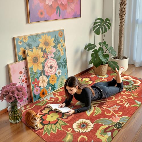 Lahome Floral Red 3x5 Area Rug, Washable Kitchen Fall Rugs Non-Slip Stain Resistant Soft Throw Low-Pile Carpet for Bedroom, Christmas Paisley Print Floor Carpet for Living Room Entryway Office | Fall Rug Non-Slip Stain Resistant Throw Low-Pile Carpet for
