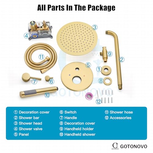 gotonovo Shower Faucet Set with Rough-in Valve Trim Kit,Brushed Gold | 10 Inch Round Rain Showerhead with Handheld Spray,Bathroom Wall Mount Shower System Complete Combo,2-in-1 Diverter,All Metal - color: Gold
