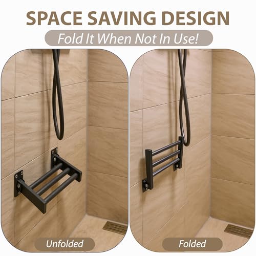 Shower Foot Rest and Shaving Pedestal - Wall Mount Folding Shower Ledge/Elevate Foot for Comfort/Safely Shave Legs and Wash Feet/Supports 200 lbs/ 304 Stainless/Matte Black/ 9”x 8” - color: Matte Black