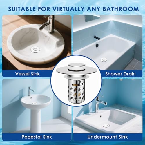 Bathroom Sink Stopper with Hair Catcher, Universal Pop-Up Drain Strainer for 1.1"–2.36" US Standard Sink Drain Hole, Anti-Clog Basin Stopper with Removable Stainless Steel Strainer Basket (Slant Bore)