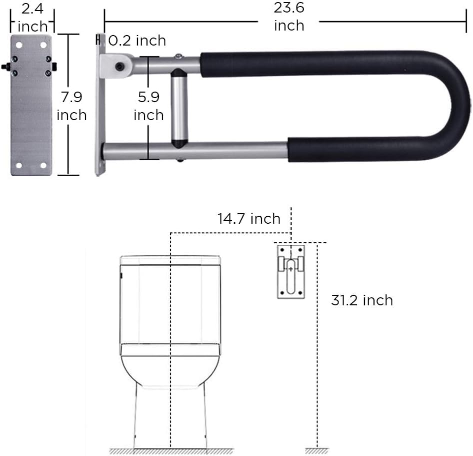 Toilet Safety Rail, 23.6 in Flip Up Foldable Wall Mount Grab Bar, Aluminum Alloy Bathroom Shower Assist Handrail with Anti-Slip Grip, Suitable for Elderly, Handicap, Pregnant & Post-Op Users