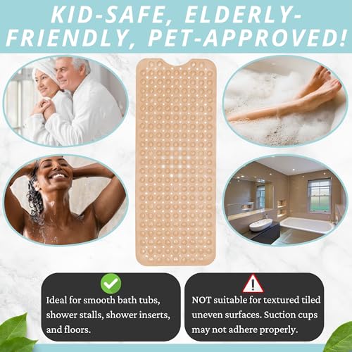 ENKOSI Non-Slip Bath & Shower Mat 40x16 Extra Long, Suction & Drain Holes | Beige color; Durable PVC; 40x16 in, Beige - color: Beige Opaque