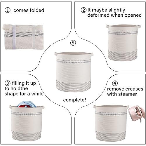 OIAHOMY 80L Laundry Basket, Laundry Hamper, Cotton Rope Storage Basket with Handles, Decorative Woven Basket for Living Room,Storage Baskets for Clothes, Blankets, and Toys -20''×18'', White&Gray | Tall Dirty Clothes Hamper with Handle,Blanket Basket,Deco