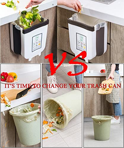 Hanging Trash Can for Kitchen Cabinet, Wall-Mounted Trash Can Foldable Waste Bins for Door Bedroom Dorm Room Car - Large Capacity 9L (White)
