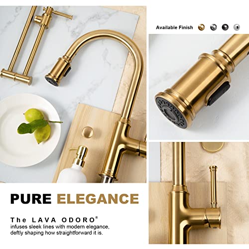 Lava Odoro Magnetic Bronze Gold Kitchen Faucet with Pull Down Sprayer | Gold Kitchen Sink Faucet with Magnetic Docking, 3-Function Sprayhead 1 Hole, Deck Plate Included, KF421-BB-M - color: Brushed Bronze, style: 3-Mode, Magnetic