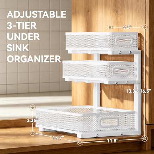 1 Pack 3 Tier Under Sink Organizer with Pull Out Drawer, Height Adjustable Heavy Duty Metal Under Cabinet Organizer, Smooth Sliding Storage Shelf for Kitchen, Bathroom Cabinet Organization, White - color: 1 Pack