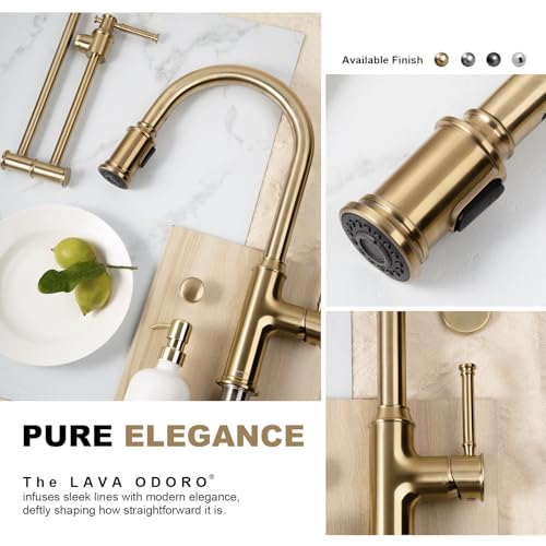 Lava Odoro Champagne Gold Kitchen Faucet with Pull Down Sprayer | Single Handle Kitchen Sink Faucet with 3-Function Magnetic Sprayer for Sink 1 Hole, 1.8 GPM, Deck Plate Included, KF421-M-CB - color: Champagne Gold, style: 3-Mode, Magnetic