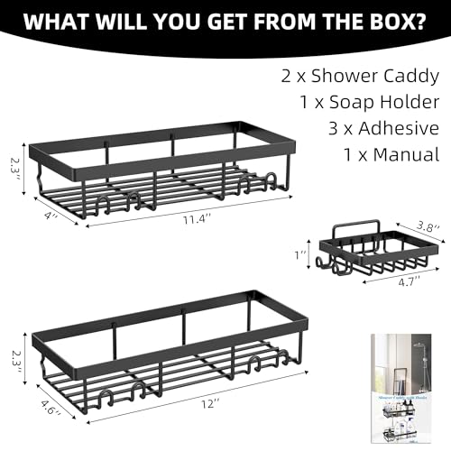 Moforoco 3-Pack Shower Caddy Basket Shelf with Soap Holder, No Drilling Traceless Adhesive Shower Wall Shelves, Rustproof Black Bathroom Shower Storage Organizer - color: Black