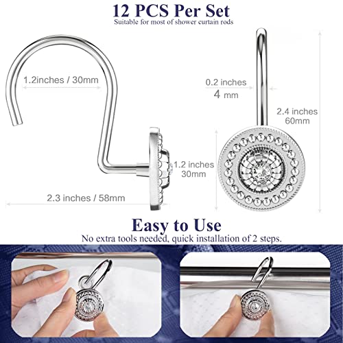 Silver Shower Curtain Hooks, Rust Proof Shower Curtain Rings for Bathroom, Metal Decorative Shower Curtain Hooks Hangers for Shower Curtain Rod, Shower Hooks for Shower Curtain Set of 12 Chrome | Zinc alloy & acrylic rhinestone design; 4mm thick wire hold