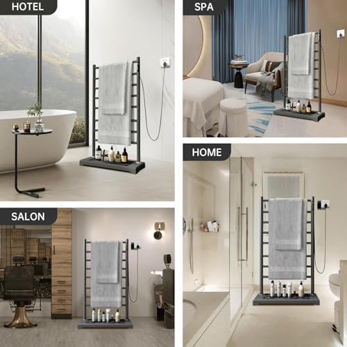 Freestanding Heated Towel Rack with Heavy Marble Base, 8-Bar Heating Towel Rack Adjustable Temperature 115-155°F with Timer and LED Display Clothes Drying Rack for Bathroom (Grey)