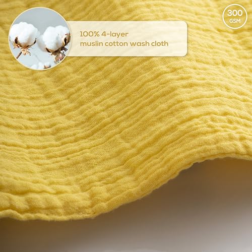 Muslin Baby Washcloths for Newborns, Pack of 8, 11"x11", Super Soft Cotton, Absorbent and Gentle, Baby Cotton Wipes, Baby wash Cloths - color: Yellow and Sun