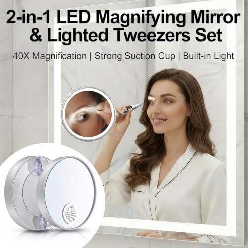 LED Lighted Tweezers & 40X Magnifying Mirror with Suction Cup Set, 2 in 1 No-Hands Makeup Mirror with Light and Precision Light Up Tweezers(Silver) - color: Silver