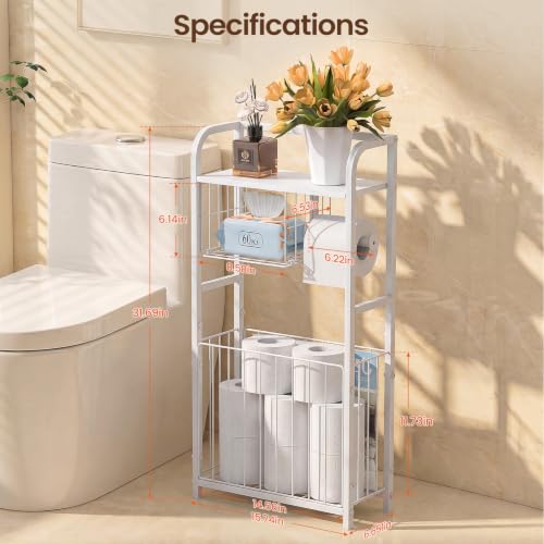 Freestanding Toilet Paper Holder Stand with Storage forSmall Bathroom Space | Holds 9 Spare Rolls, Phone, Wipes & Magazines –Large Capacity Toilet Paper Stand – Toilet Roll Dispenser and Organizer - color: White