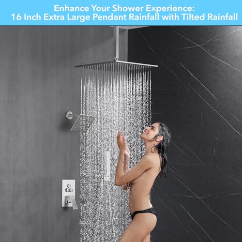 VANFOXLE Shower System, Brushed Nickel Shower Faucet Set, Push Button Valve | 16 Inch Ceiling Mount Rain Head, 6 Inch Wall Mount Head, 2-in-1 Handheld Sprayer, Solid Brass Valve, Rust Resistant - color: Brushed Nickel, style: 16"+6" Head
