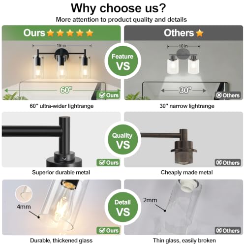 Indoi Bathroom Light Fixtures, 3-Light Matte Black Vanity Light, Black Bathroom Lights Over Mirror with Clear Glass Shade, Wall Sconces for Mirror Bedroom Living Room Hallway - color: Matte Black