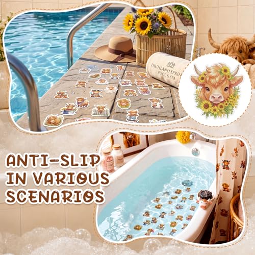Fullhawl 30 Pcs Highland Cow Non Slip Shower Stickers, Bathtub Safety | 30 Pack Highland Cow Theme, Cute Farm Style Design, Non Slip Grip Surface, Fun Safety Decor for Bathroom Use - style: Highland Cow