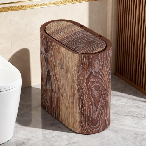 WLLHYF Bathroom Trash Can with Pop-Up Lid Lids Small Garbage Bin Plastic Marble Wood Pattern Trashcans Removable Liner Bucket Wastebasket Modern Narrow Waste Basket for Home Kitchen Bedroom Office