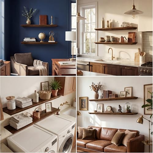 Acovy 30in Solid Spruce Wood Floating Shelves with Beveled Bottom Edges, Wooden Floating Shelf with Heavy-Duty Bracket for Living Room Bathroom Bedroom Kitchen, Rustic Brown, Set of 2 - color: Rustic Brown, size: 30"-2 Packs