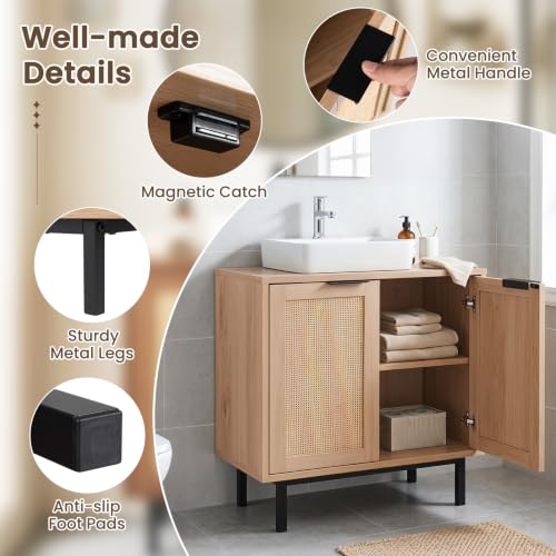 24-inch Pedestal Sink Storage Cabinet, Under Sink Cabinet (Natural) | U-Shaped Cut-Out | 2 Rattan Doors & Shelf | Solid Metal Legs - color: Natural