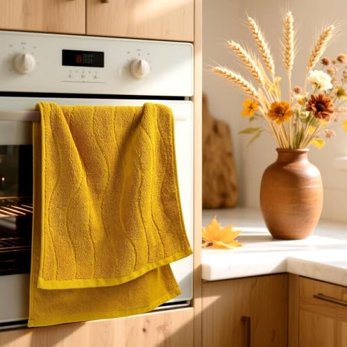Jacquotha Wavy Striped Cotton Hand Towels, Set of 2 | Dry Your Hand Instantly, 13x29 Inches, Mustard Fall Kitchen Bathroom Towel - color: Mustard