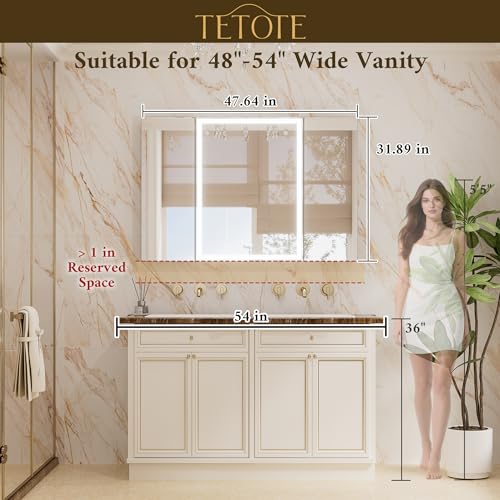 TETOTE 48 x 32 Lighted Bathroom Medicine Cabinet with Adjustable Shelves, Silver Aluminum Cabinet, Anti-Fog Stepless Dimmable 3 Colors White/Warm/Natural, Easy to Install(Wall Mount/Recessed) - color: Silver, size: 32"L x 48"W