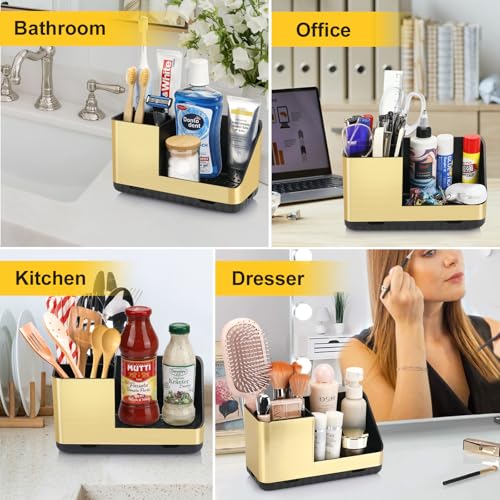 Toothbrush Holders for Bathroom Counter Organizer (Brushed Gold Grain) | Easy To Clean, Drainage, Non-Slip, Detachable, Kids Electric Toothbrush and Toothpaste Holder for Bathroom - color: Brushed Gold