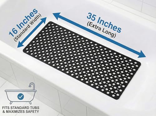 Nonslip Bath Tub Shower Mat with Suction Cups, Extra Soft TPE Bath Mat for Kids, Bathtub Bathroom Mats, Machine Washable, Smooth/Non-Textured Tubs Only, 35L x 16W Inch(Black) - color: Black, size: 35" x 16" (Rectangular)