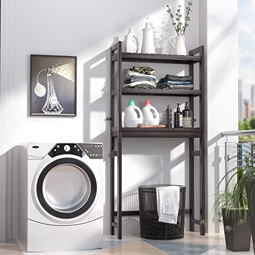 Over The Toilet Storage, Bamboo 3-Tier Over-The-Toilet Space Saver Organizer Rack, Stable Freestanding Above Toilet Stand with 3 Hooks for Bathroom, Restroom, Laundry, Espresso - color: Espresso