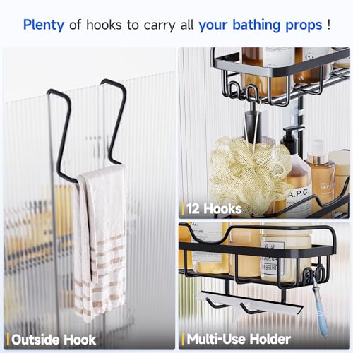 Skyapex Shower Caddy Over the Door Organizer: Bath Rack Hanging Over Glass with Hooks - Storage Shelf Inside Bathroom for Shampoo - Matte Black