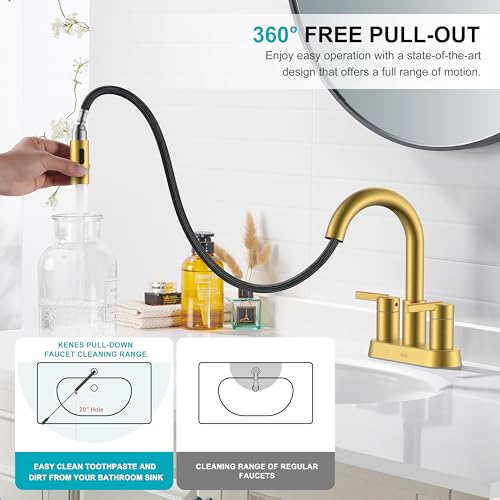 Brushed Gold Centerset 2 Handle Bathroom Faucet with Pull Out Sprayer | Pull Down Bathroom Faucet with Pop Up Drain & Supply Lines, Lead-Free cUPC & NSF Certified, 3 Hole Faucet for Vanity RV Bar - color: Brushed Gold