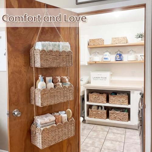 Qunclay Over The Door Hanging Basket 3-tier Decorative Hanging Nursery Baskets Large Baby Diaper Caddy Wall Mounted Woven Organizer for Home Bedroom Living Room Baby Shower Gifts