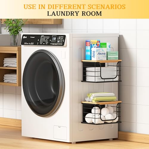Magnetic Shelf for Fridge Trash Bag Organizer, 2 Pack, Black | Stackable Garbage Bag Holder, Bamboo Lid, Magnetic Storage Bin, For Refrigerator, Under Sink, Kitchen, Pantry