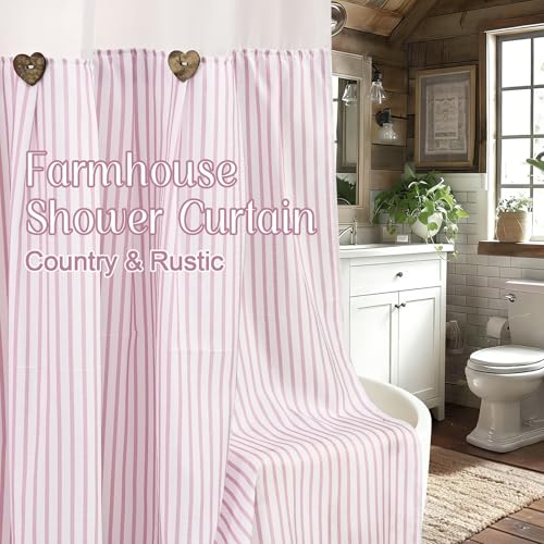 ASPMIZ Farmhouse Striped Shower Curtain and Liner Set No Hook, Pink 71x86 | No Hook Shower Curtain with Snap in Liner Fabric, Rustic Washable Waterproof Bathroom Curtains with Button, Mesh Top Window - color: Pink Striped, size: 71"W x 86"L (Pack of 1), s