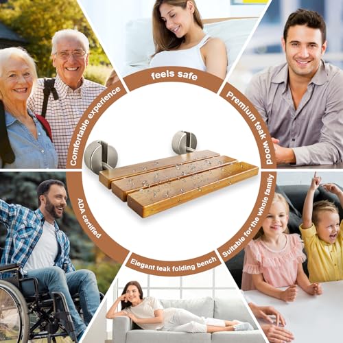 20 Inch Folding Teak Shower Bench - Wall Mounted Space-Saving Shower Seat for Elderly & Adults, Brushed Nickel Cover, 400lb Weight Capacity, Ideal for Shower