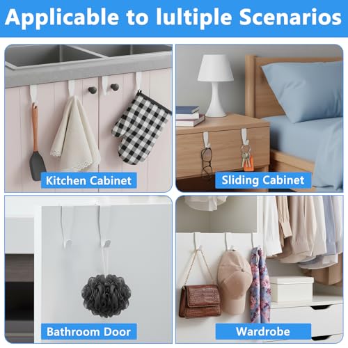 4 Pack Cabinet Hooks for Hanging, J-Shape Small Over The Door Hooks, Carbon Steel Single Cabinet Hanger Hook, No Drill, Easy to Install, Fit for 0.59-0.79 Inch Doors, White