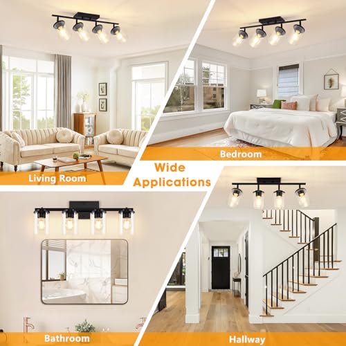 FadimiKoo 4-Lights Track Lighting Fixtures Ceiling with Clear Glass Shades, Modern Black Semi Flush Mount Ceiling Light, Rotatable Wall Mount Ceiling Lamp for Kitchen Hallway Bedroom - color: Black, size: 4-Lights