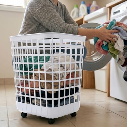 Heavy Duty Rolling Laundry Hamper with Wheels - 2.6 Bushel (90L+) Large Plastic Laundry Basket, Tall Ventilated Dirty Clothes Organizer for Bedroom, Bathroom & Dorm Room, No Assembly Required (White) - size: White
