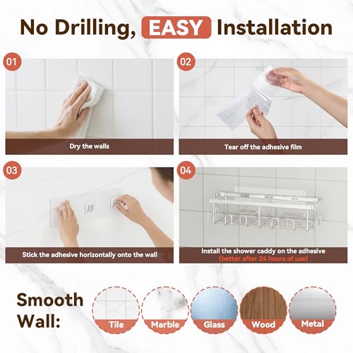 Shower Caddy Adhesive, Rustproof Shower Organizer, Wall Shower Rack | Large Capacity Shower Shelves for Inside Shower, No Drill Shower Storage, Shampoo Shower Holder, Bathroom Shower Shelf