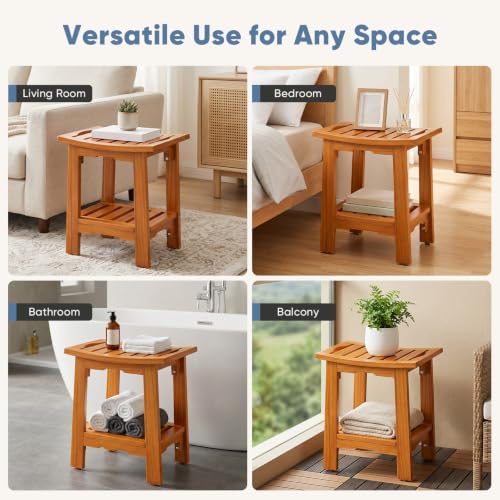 DUMOS Wooden Shower Bench, 18" Waterproof Shower Stool for Inside Showers | Non-Slip Bathroom Bench with Shelf & Handles for Senior Adult, Disabled Elderly, 300 LBS Capacity, Brown - size: 14"W