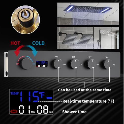 Shower Faucet Set Ceiling 20x14 inch LED Shower Head, Temperature Display Thermostatic Shower Valve, and Two 8-inch Wall Mounted Shower Heads Handheld Combination (Matte Black) - color: Matte Black