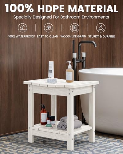 SERWALL Shower Bench, 18" Shower Stool for Inside Shower, HDPE Waterproof Shower Seats for Adults with Storage Shelf & Handles, 360 lbs Capacity- White - color: White