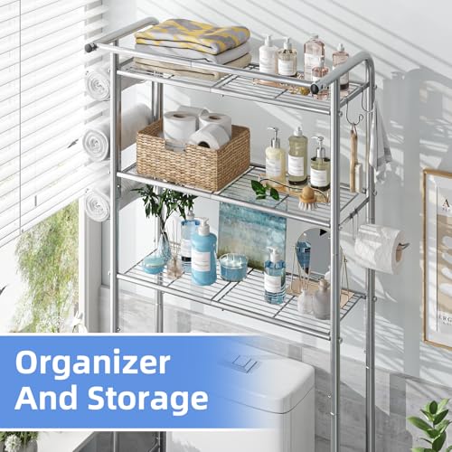 Simple Trending 3 Tier Over The Toilet Rack, Shelf Bathroom, Bathroom Stand Organizer Space Saver, Silver - color: Silver With Towel Rack