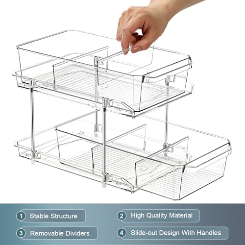 2 Set, 2 Tier Clear Organizer with Dividers for Cabinet, Shlef, Counter - MultiUse Slide-Out Storage Container - Kitchen, Pantry, Medicine Cupboard Bins, Bathroom, Vanity Makeup, Under Sink Organizing - size: 8" W - 2 Set