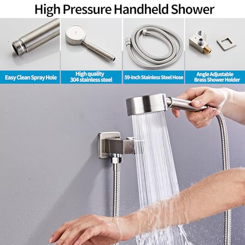 Brushed Nickel Shower Tub Faucet Set, Wall Mounted 12 Inch Shower Heads with Handheld Spray Combo and Tub Shower Faucet, Luxury Bathroom Square Rain Shower System - 4 Hooks - color: Brushed Nickel, style: 12 Inch with Tub Spout