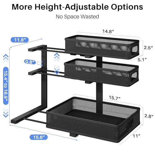 Under Sink Organizer, 3-Tier Thickened Metal Pull out Cabinet Organizer Shelf, Height Adjustable Slide out Storage Drawer Rack for Kitchen Bathroom Pantry Laundry Home Organization, 2-Pack, Black | 35% More Storage Capacity, Carbon Steel, Hold Up 55lbs, S